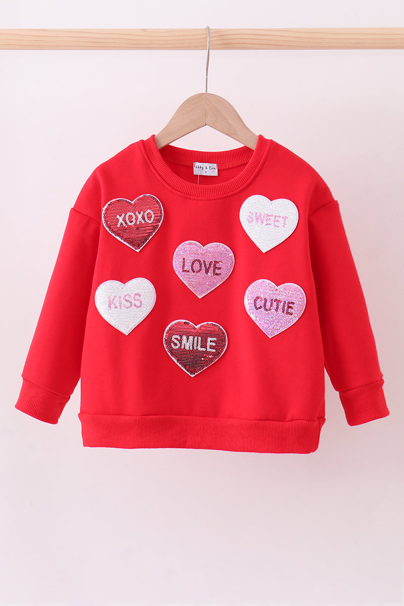 Red Heart Love Smile Sequin Fleece Mom&me Sweatshrit