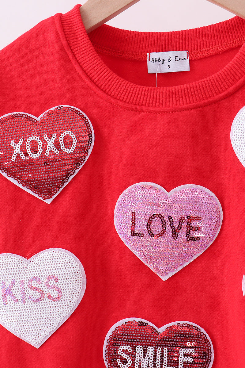 Red Heart Love Smile Sequin Fleece Mom&me Sweatshrit
