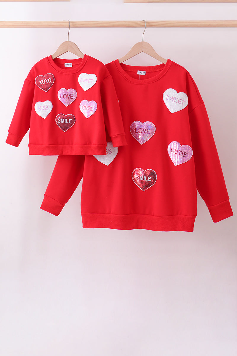 Red Heart Love Smile Sequin Fleece Mom&me Sweatshrit