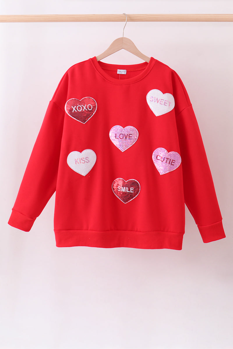 Red Heart Love Smile Sequin Fleece Mom&me Sweatshrit
