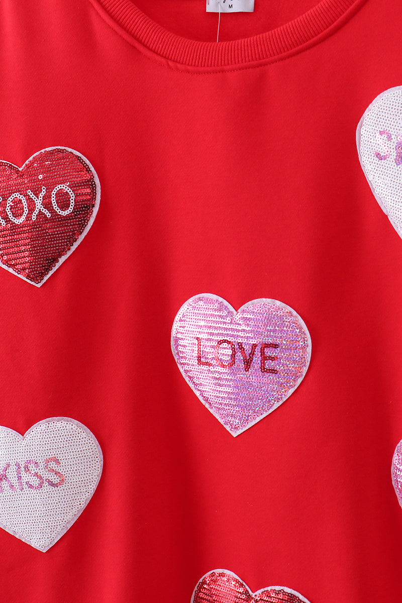 Red Heart Love Smile Sequin Fleece Mom&me Sweatshrit