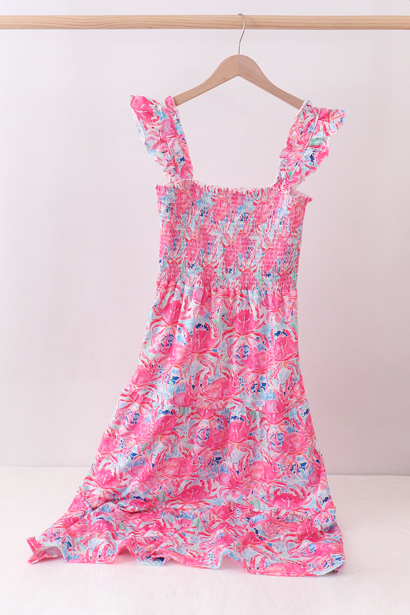 Pink Floral Smocked Ruffle Mom&me Tiered Dress