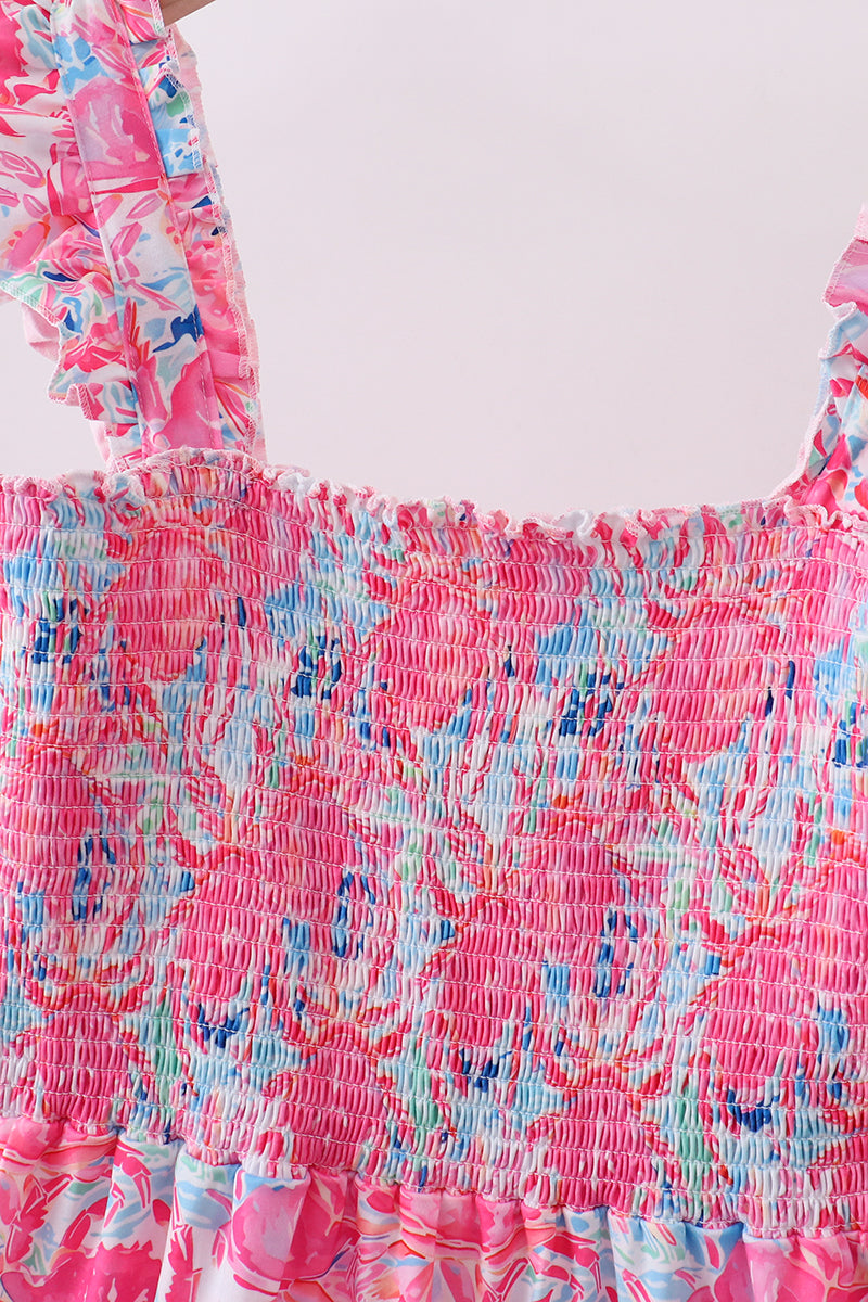 Pink Floral Smocked Ruffle Mom&me Tiered Dress