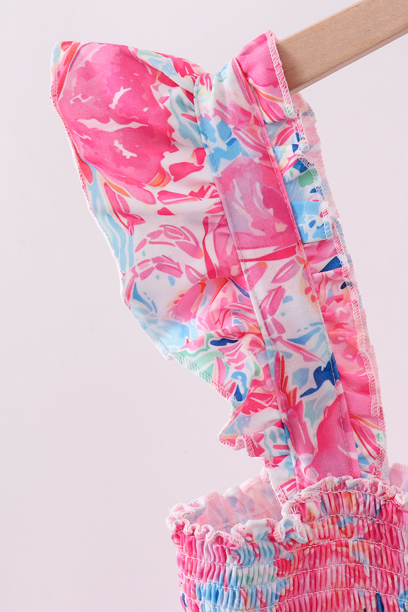 Pink Floral Smocked Ruffle Mom&me Tiered Dress