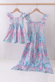 Blue Marine Smocked Ruffle Tiered Mom&me Dress