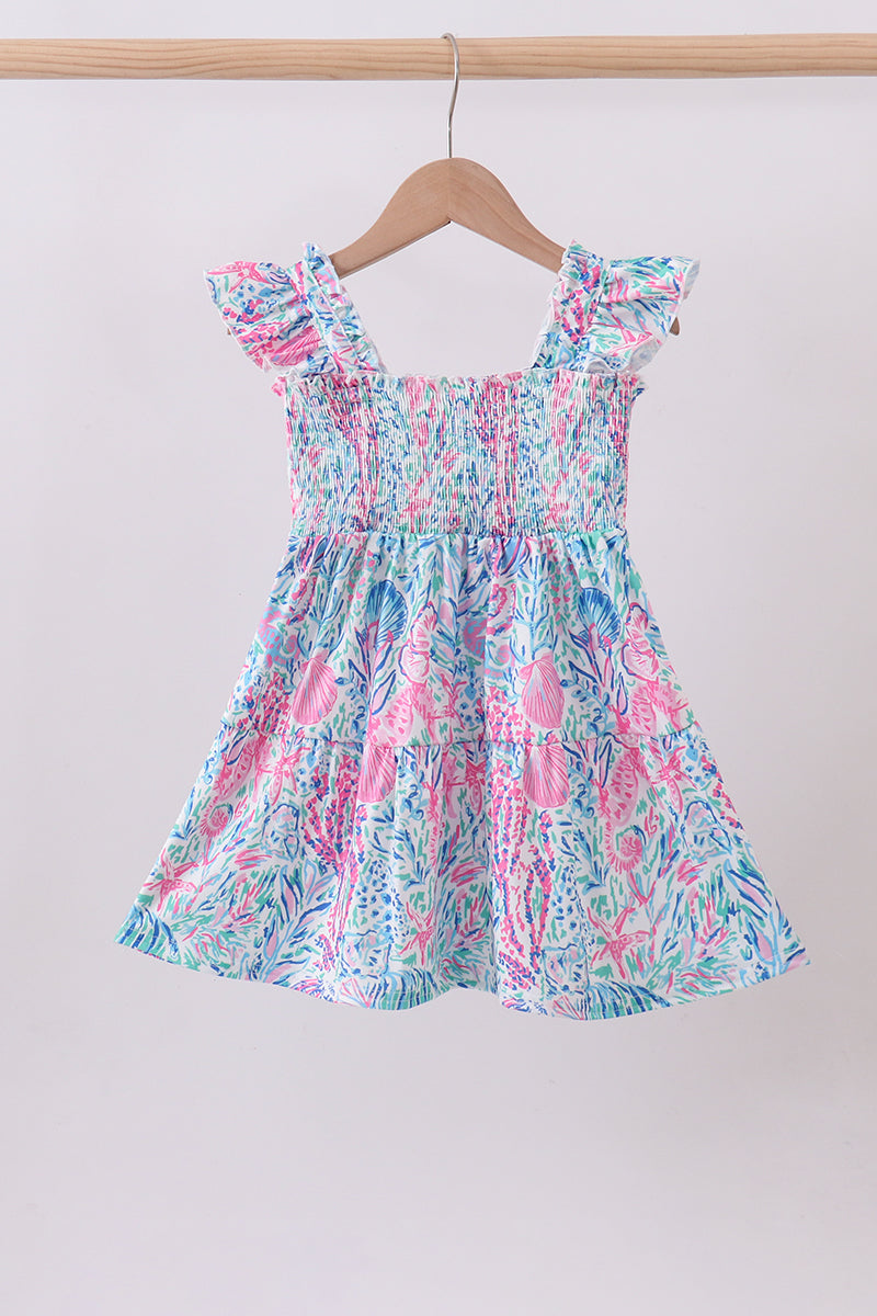 Blue Marine Smocked Ruffle Tiered Mom&me Dress