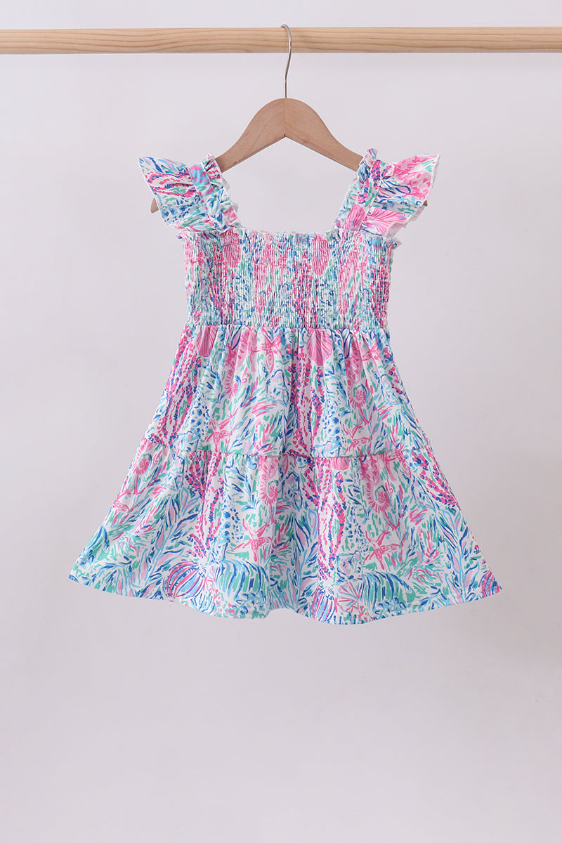 Blue Marine Smocked Ruffle Tiered Mom&me Dress
