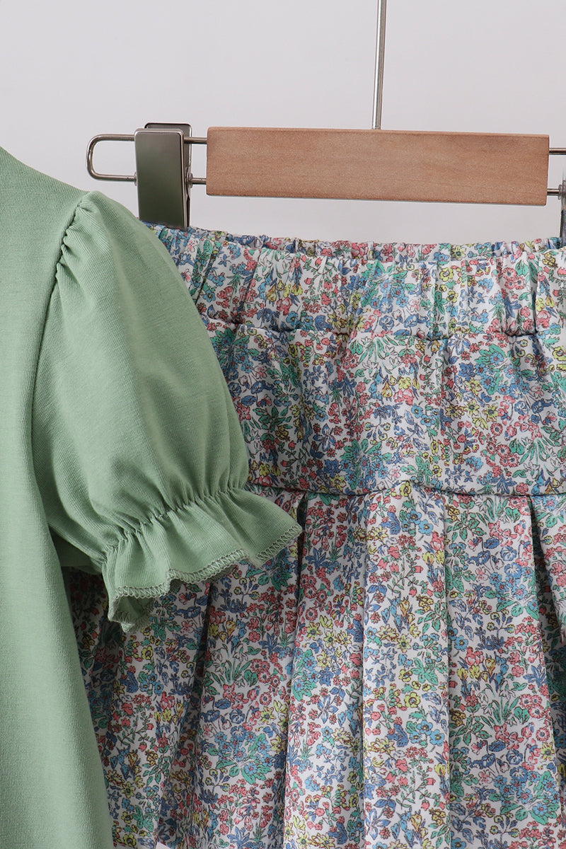 Sage Floral Bunny Applique Skorts Set