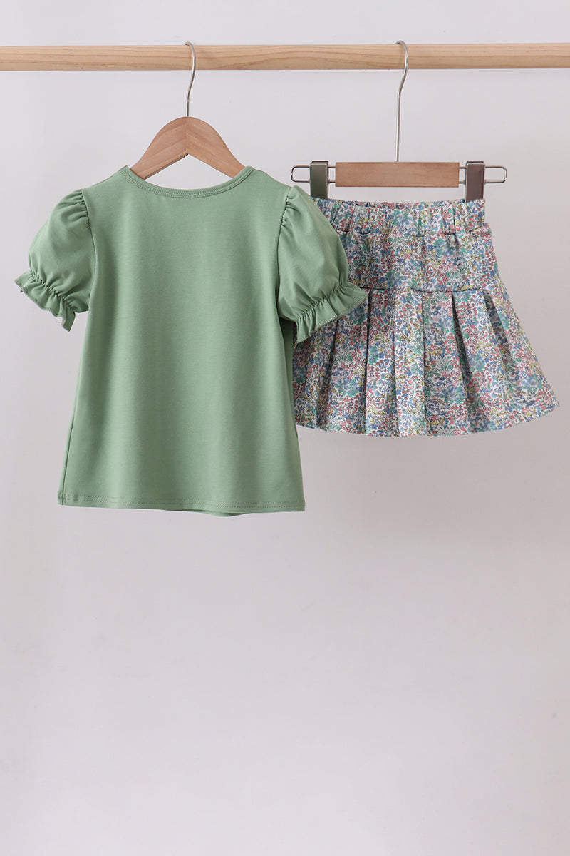 Sage Floral Bunny Applique Skorts Set