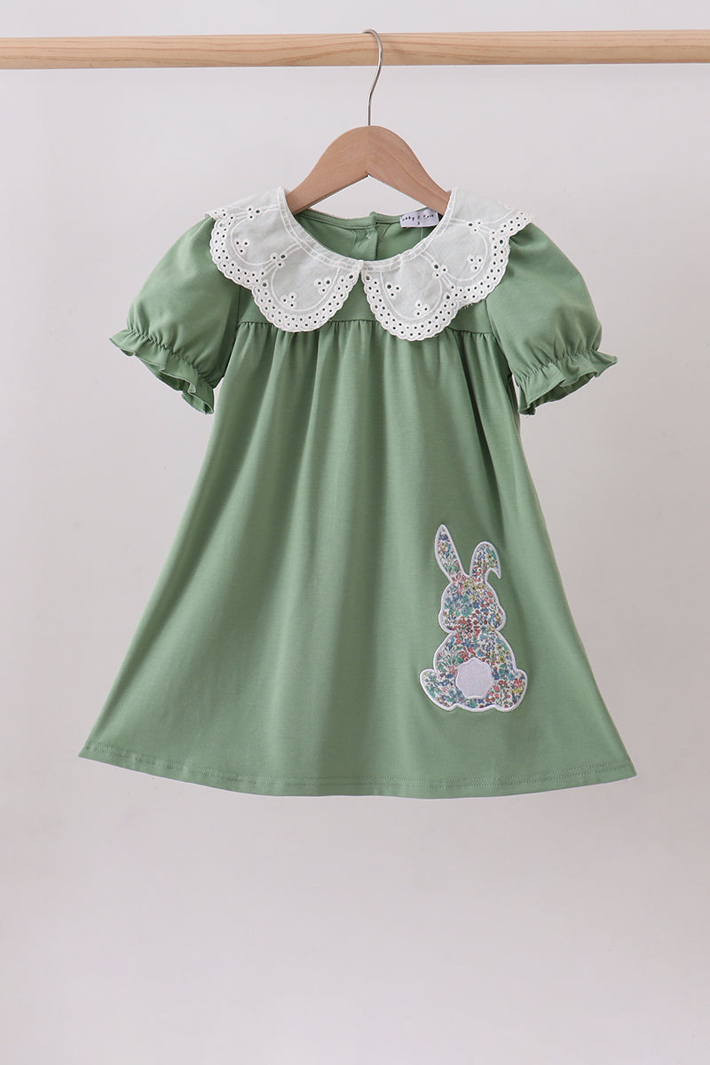 Sage Bunny Applique Lace Collar Dress