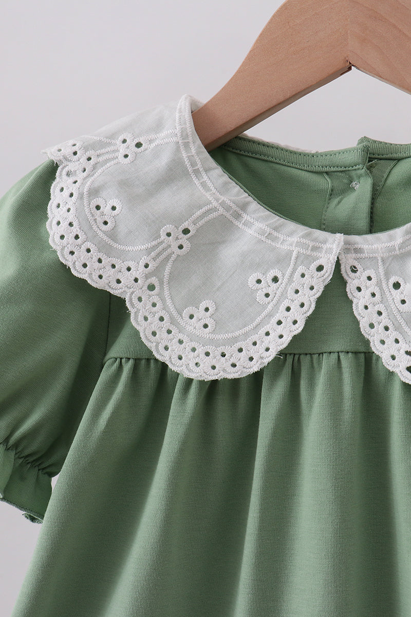 Sage Bunny Applique Lace Collar Dress