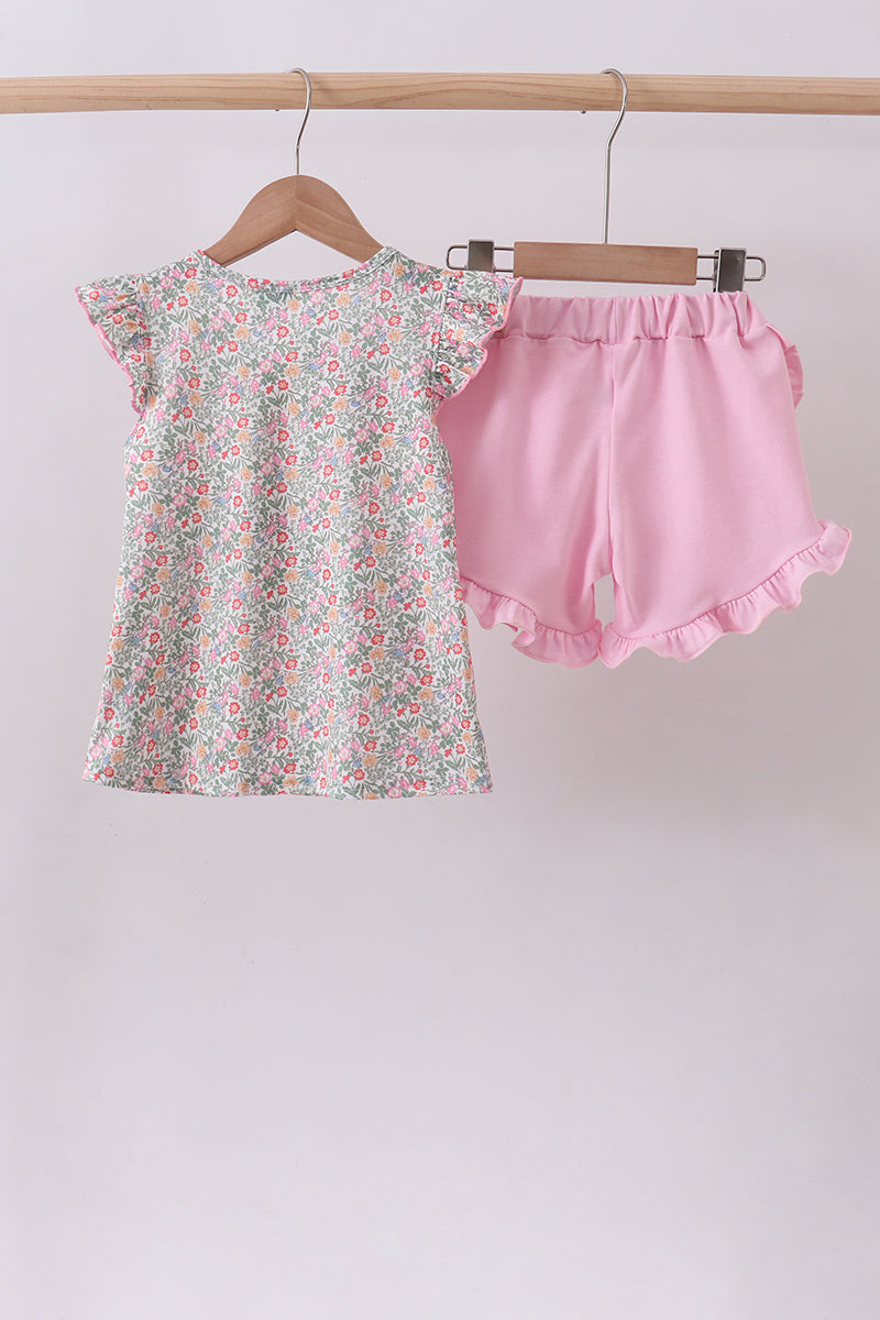 Floral Bunny Applique Ruffle Shorts Set