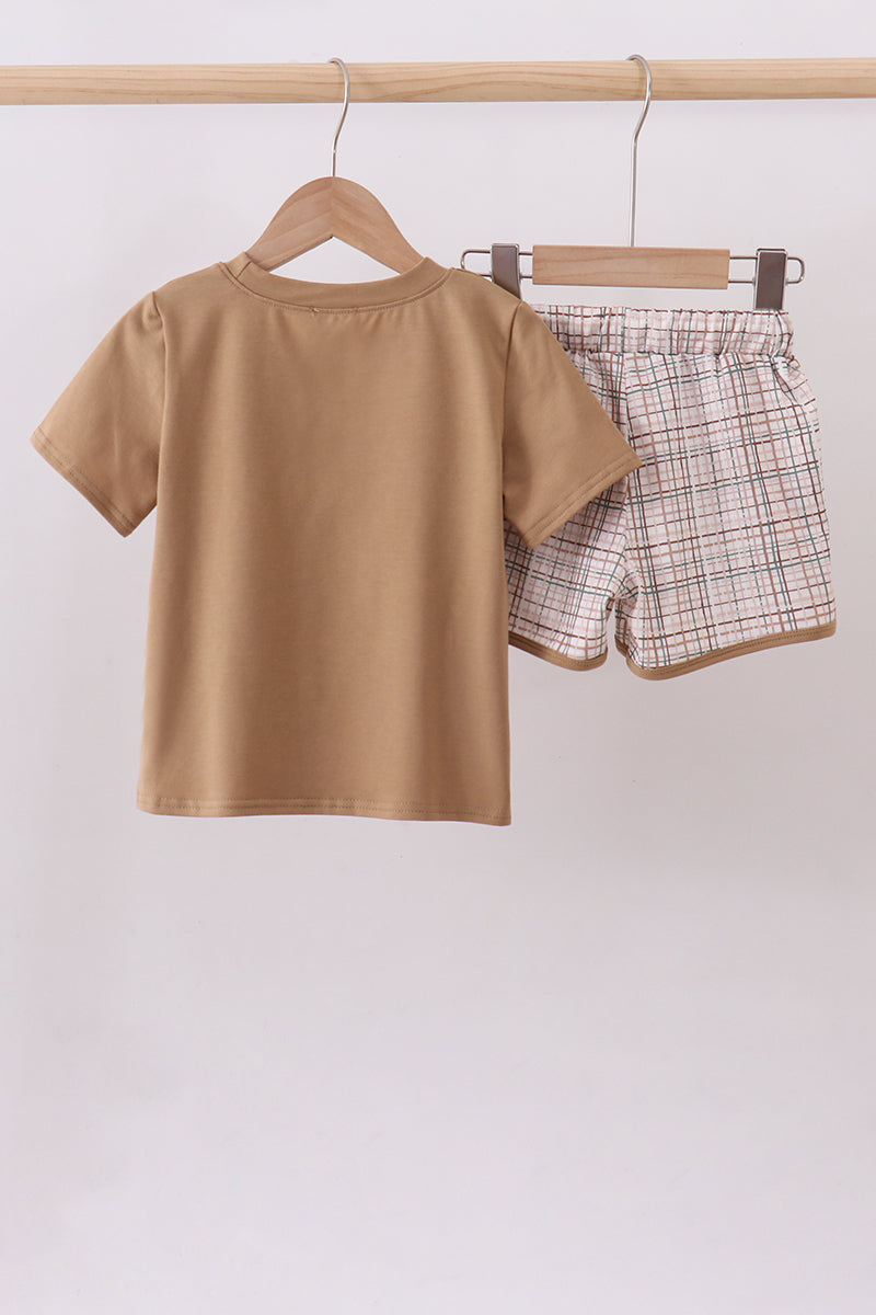 Brown Plaid Bunny Applique Shorts Set
