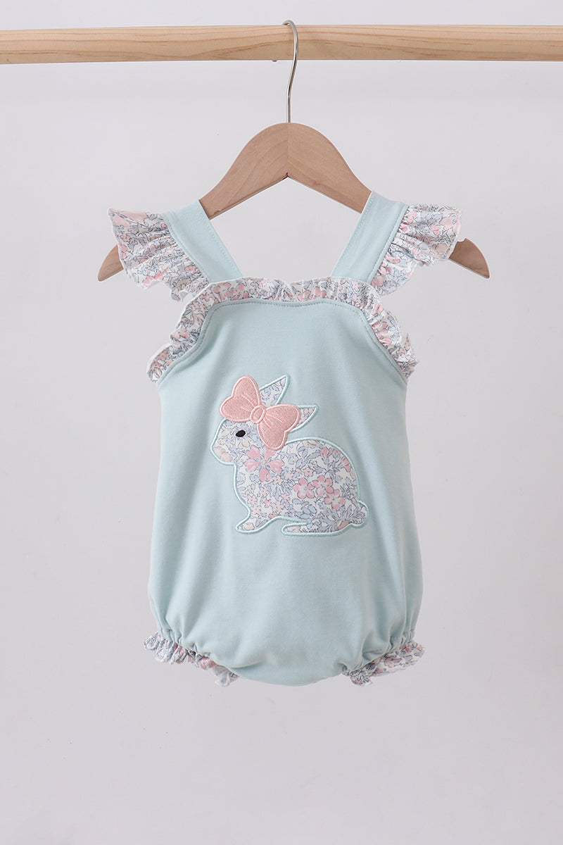 Blue Floral Bunny Applique Ruffle Bubble