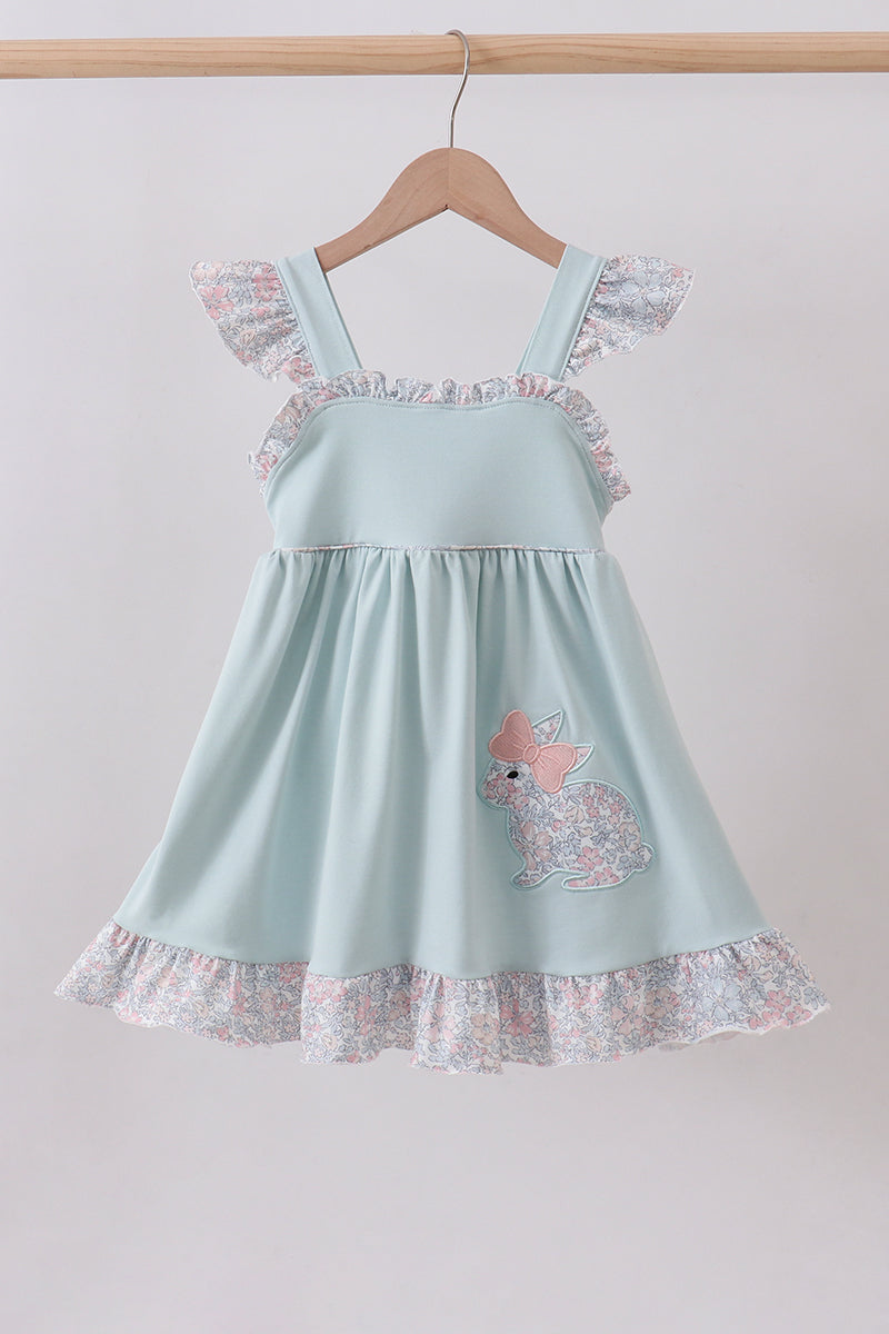 Blue Floral Bunny Applique Ruffle Dress