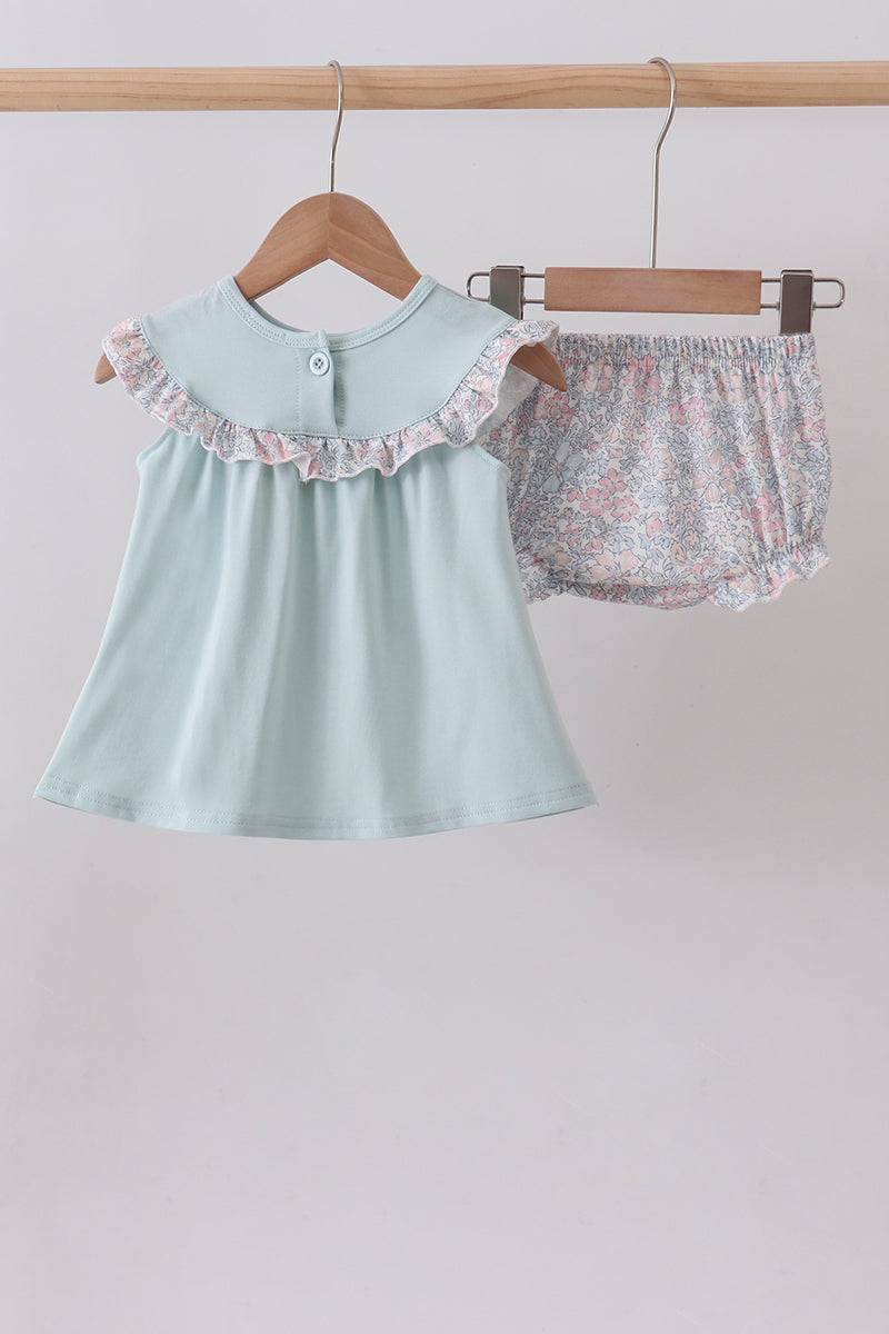 Blue Floral Bunny Applique Bloomer Set