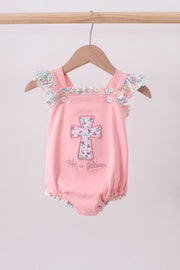 Pink Floral Cross Embroidery Ruffle Bubble