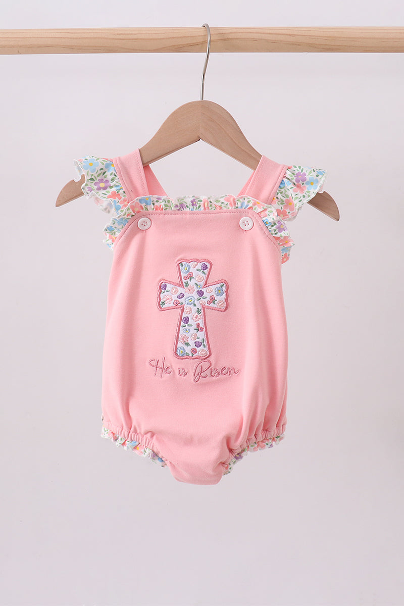 Pink Floral Cross Embroidery Ruffle Bubble