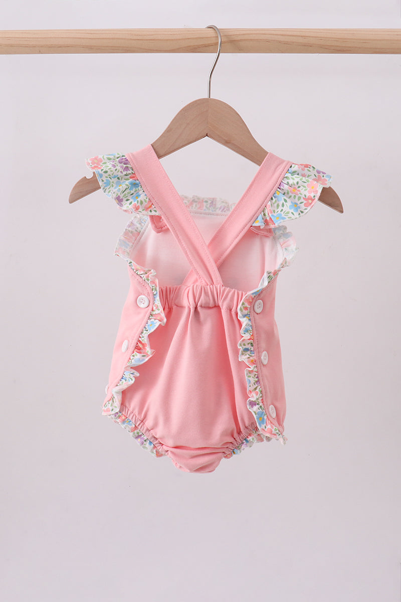Pink Floral Cross Embroidery Ruffle Bubble