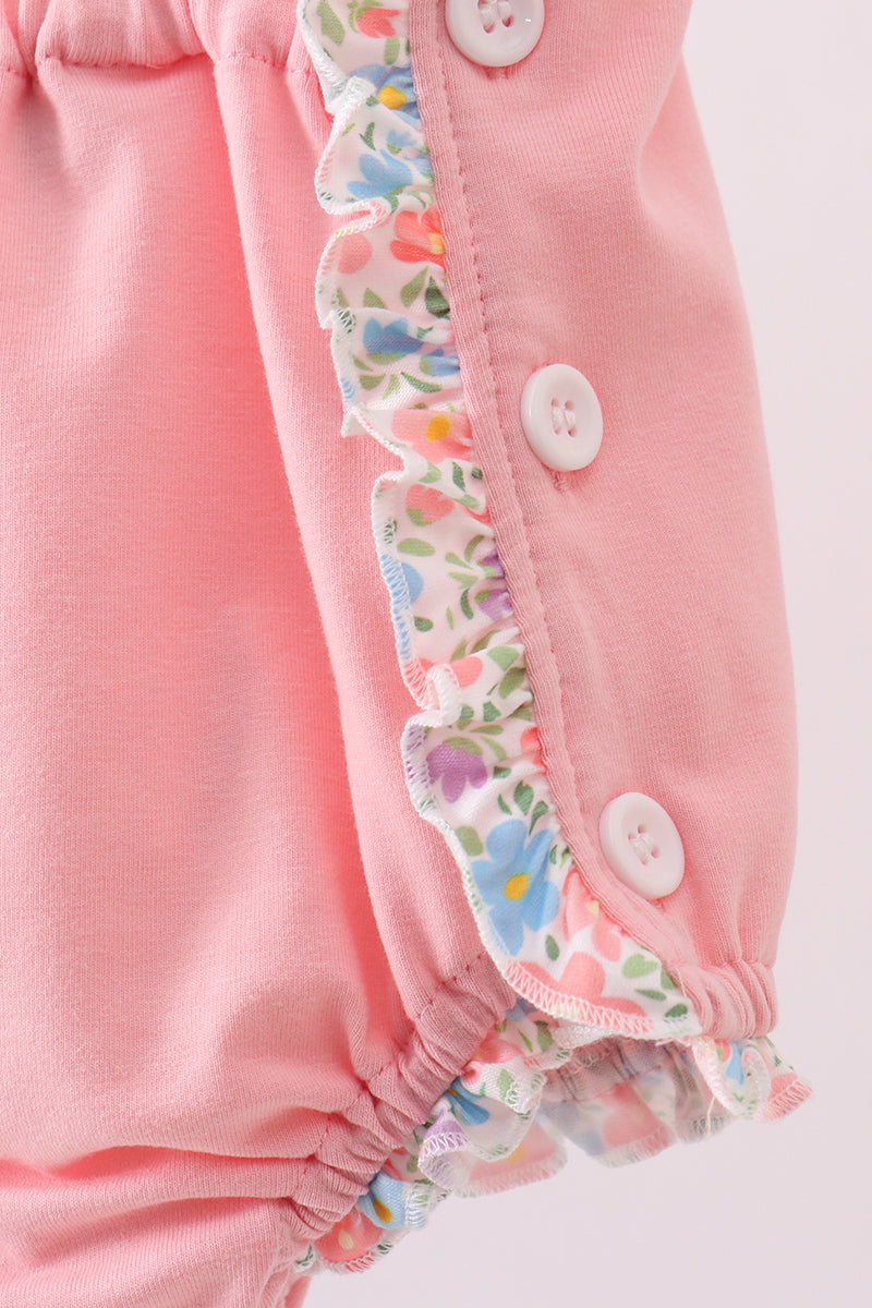 Pink Floral Cross Embroidery Ruffle Bubble