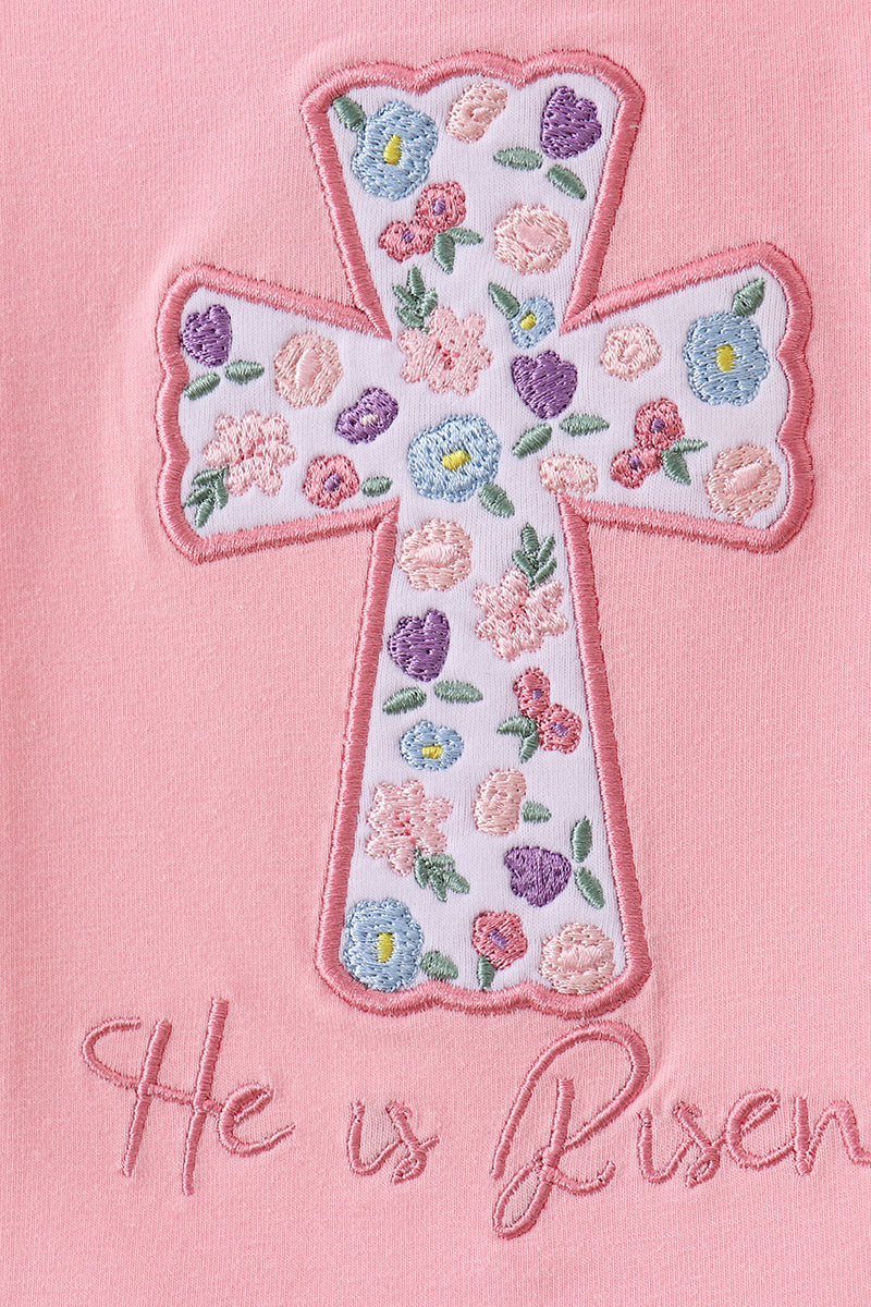 Pink Floral Cross Embroidery Ruffle Bubble