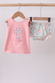 Pink Floral Cross Embroidery Ruffle Bloomer Set