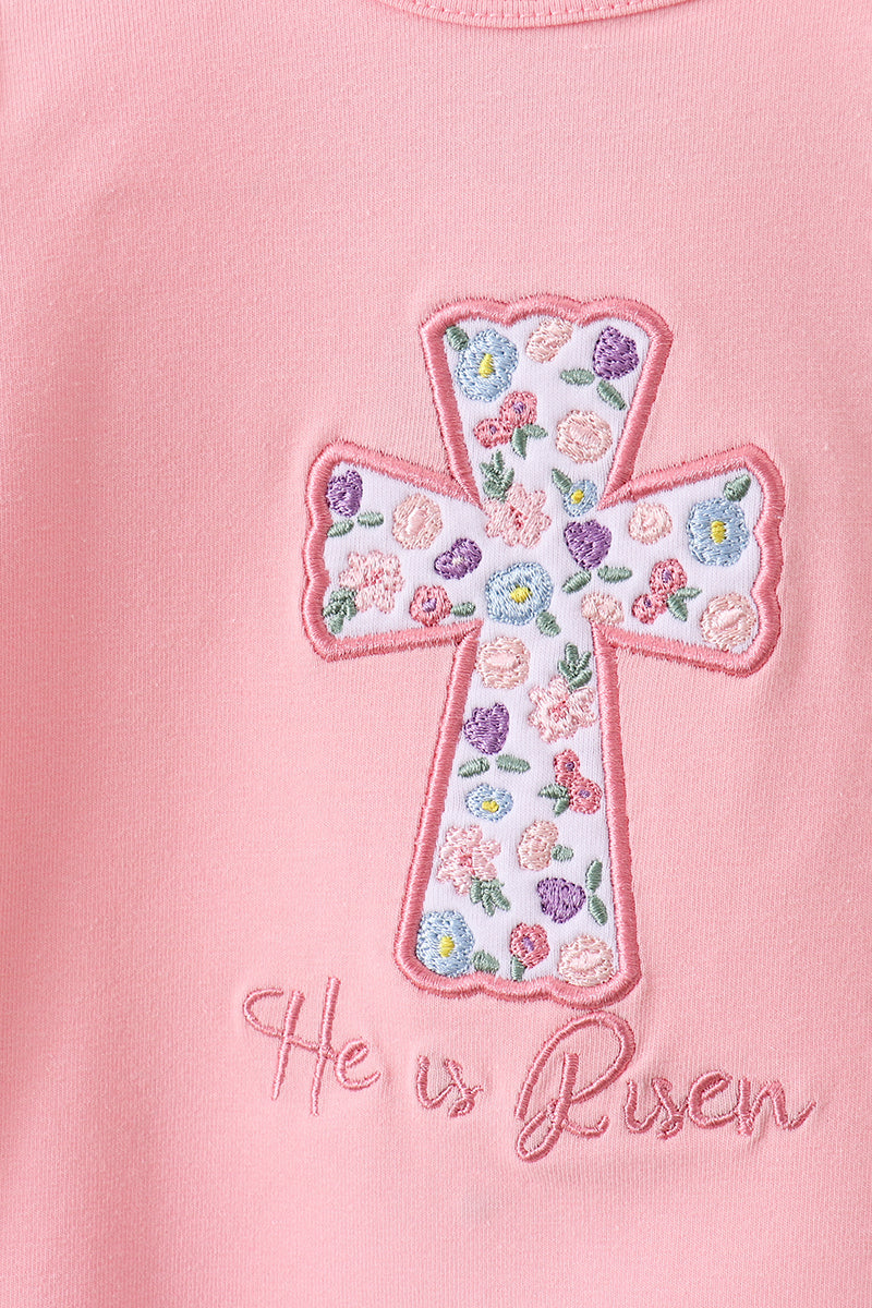 Pink Floral Cross Embroidery Ruffle Bloomer Set