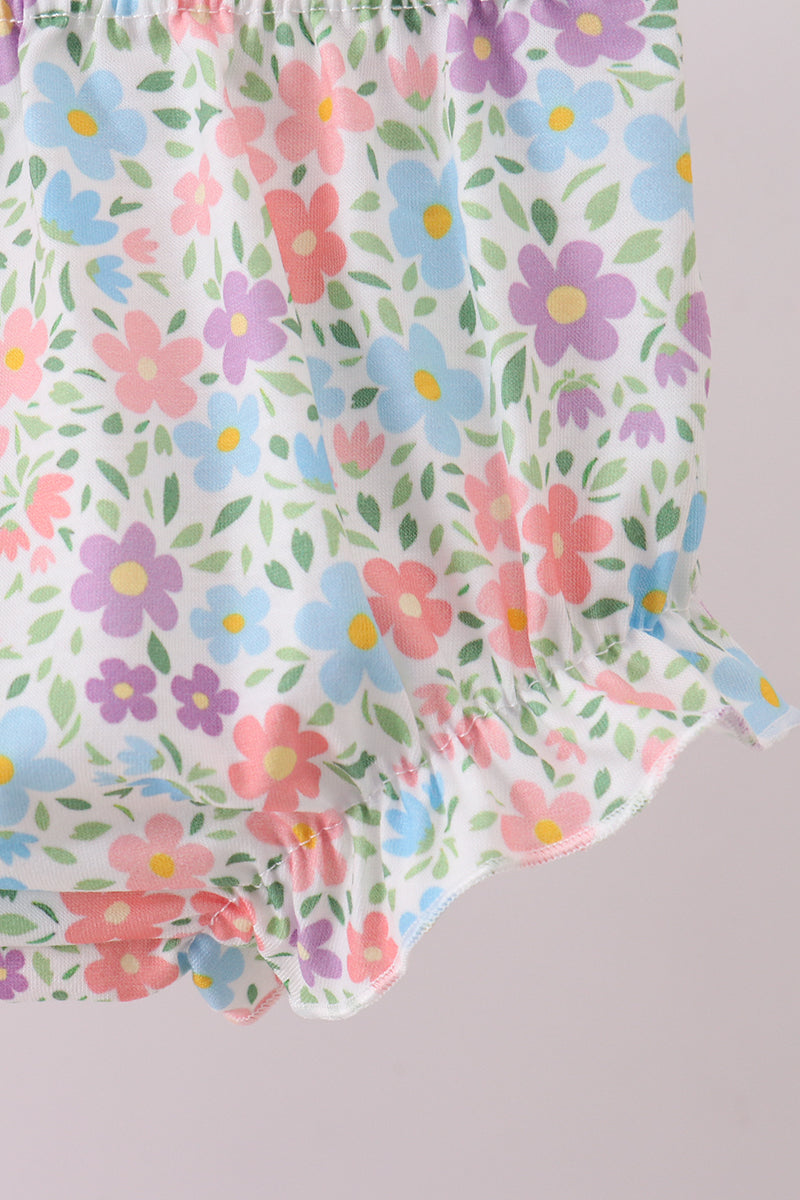 Pink Floral Cross Embroidery Ruffle Bloomer Set
