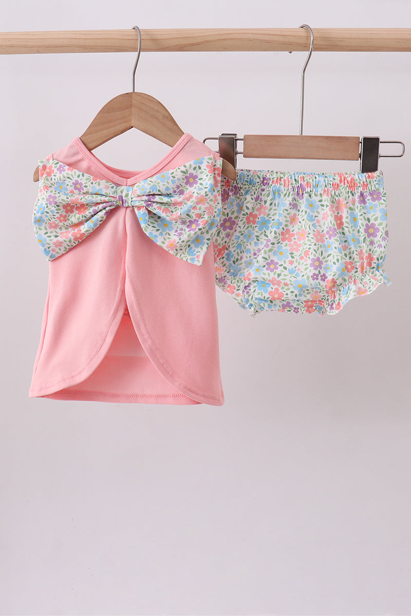 Pink Floral Cross Embroidery Ruffle Bloomer Set