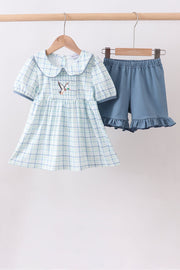 Blue Plaid Duck Smocked Ruffle Shorts Set