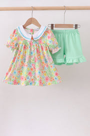 Pink Floral Print Puff Sleeve Ruffle Shorts Set