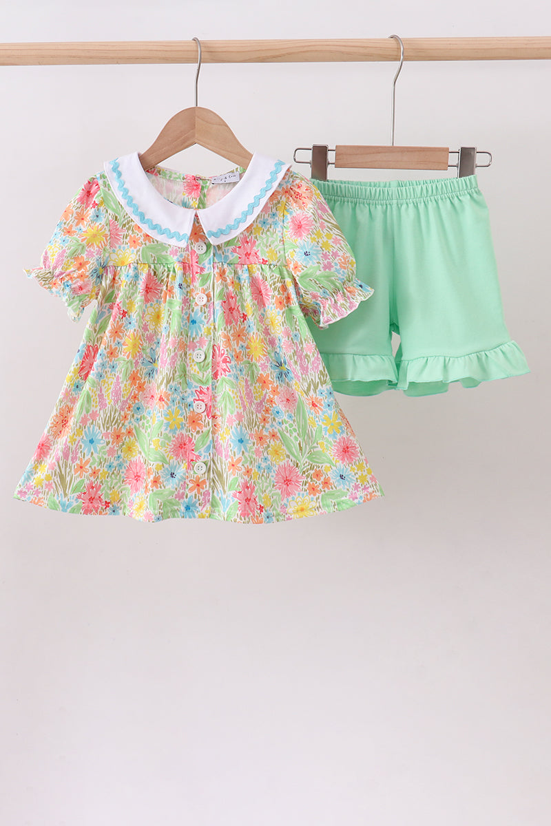 Pink Floral Print Puff Sleeve Ruffle Shorts Set