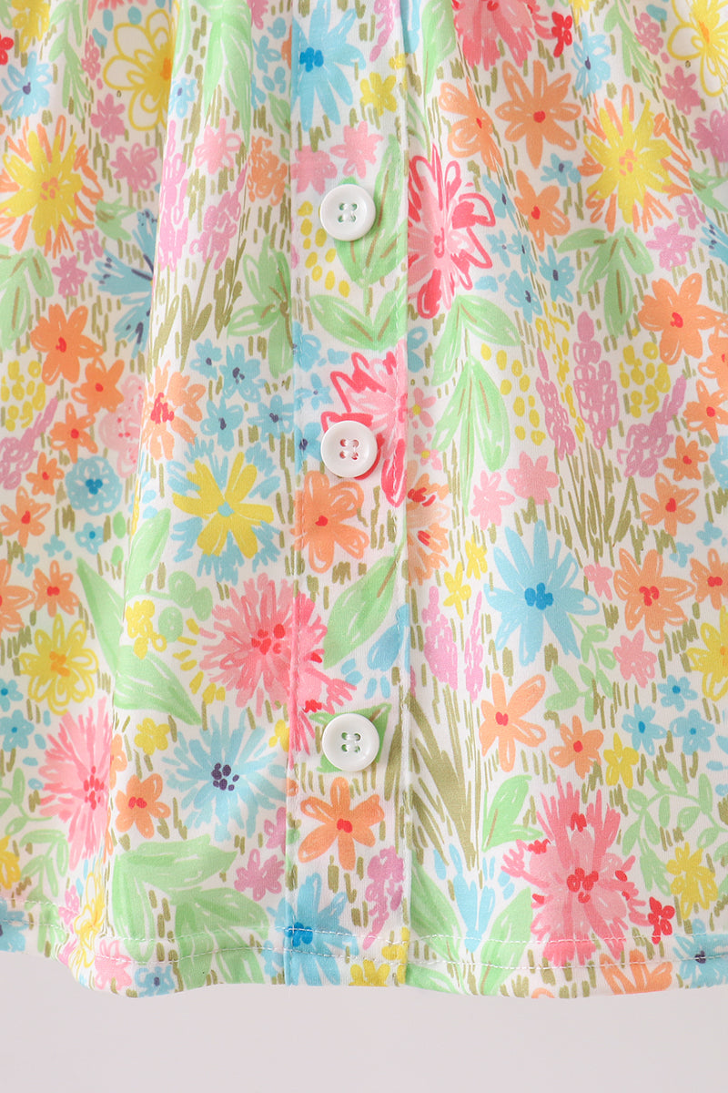 Pink Floral Print Puff Sleeve Ruffle Shorts Set