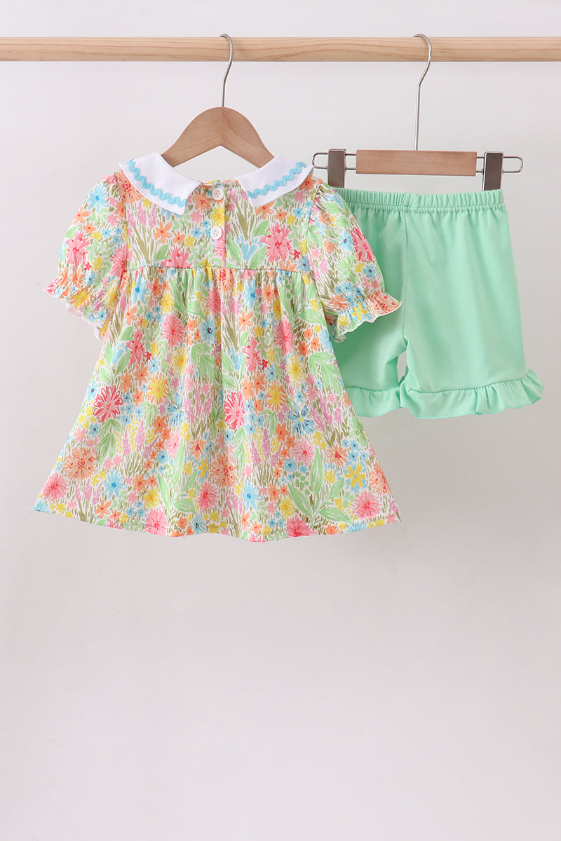 Pink Floral Print Puff Sleeve Ruffle Shorts Set