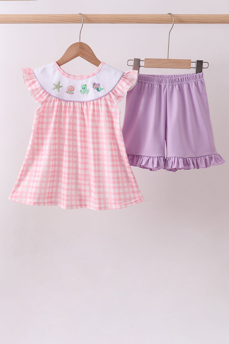 Pink Octopus Starfish Embroidery Plaid Ruffle Shorts Set