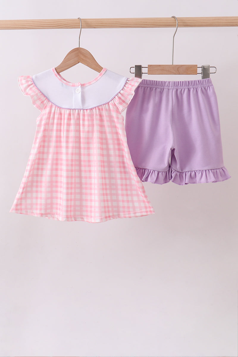 Pink Octopus Starfish Embroidery Plaid Ruffle Shorts Set