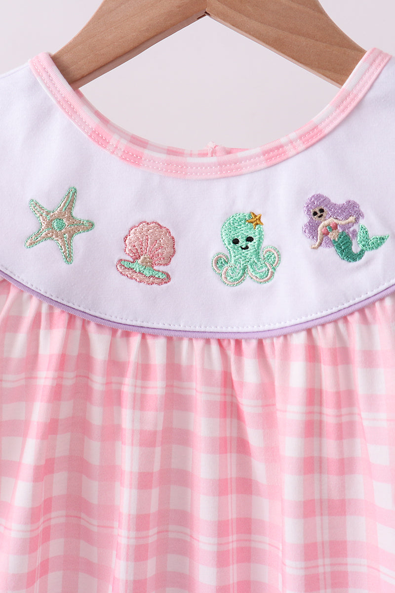 Pink Octopus Starfish Embroidery Plaid Ruffle Shorts Set