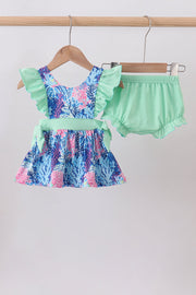 Blue Marine Creature Print Ruffle Bloomer Set