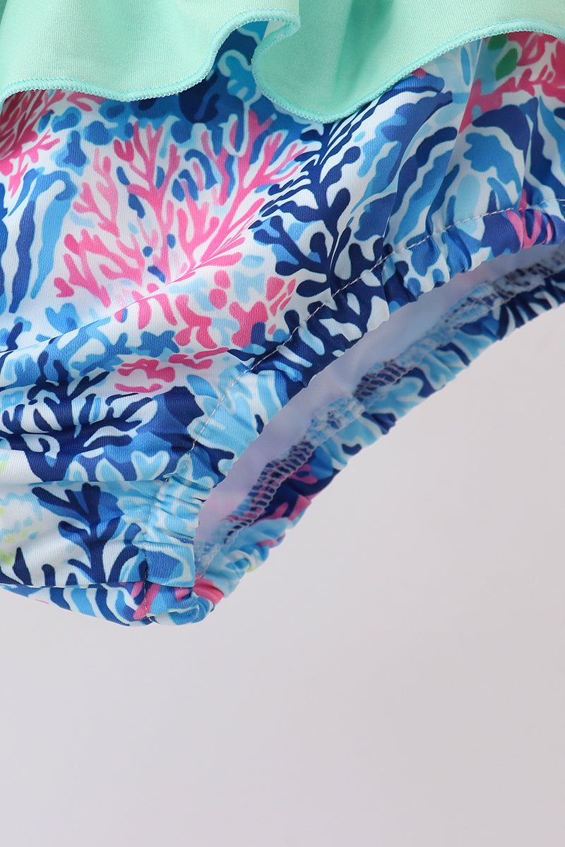 Blue Marine Creature Print Ruffle 2pc Swimsuit
