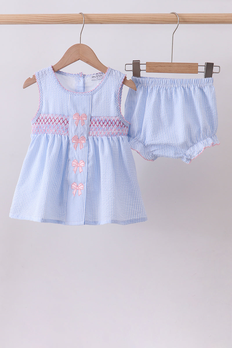 Blue Seersucker Bow Smocked Bloomer Set
