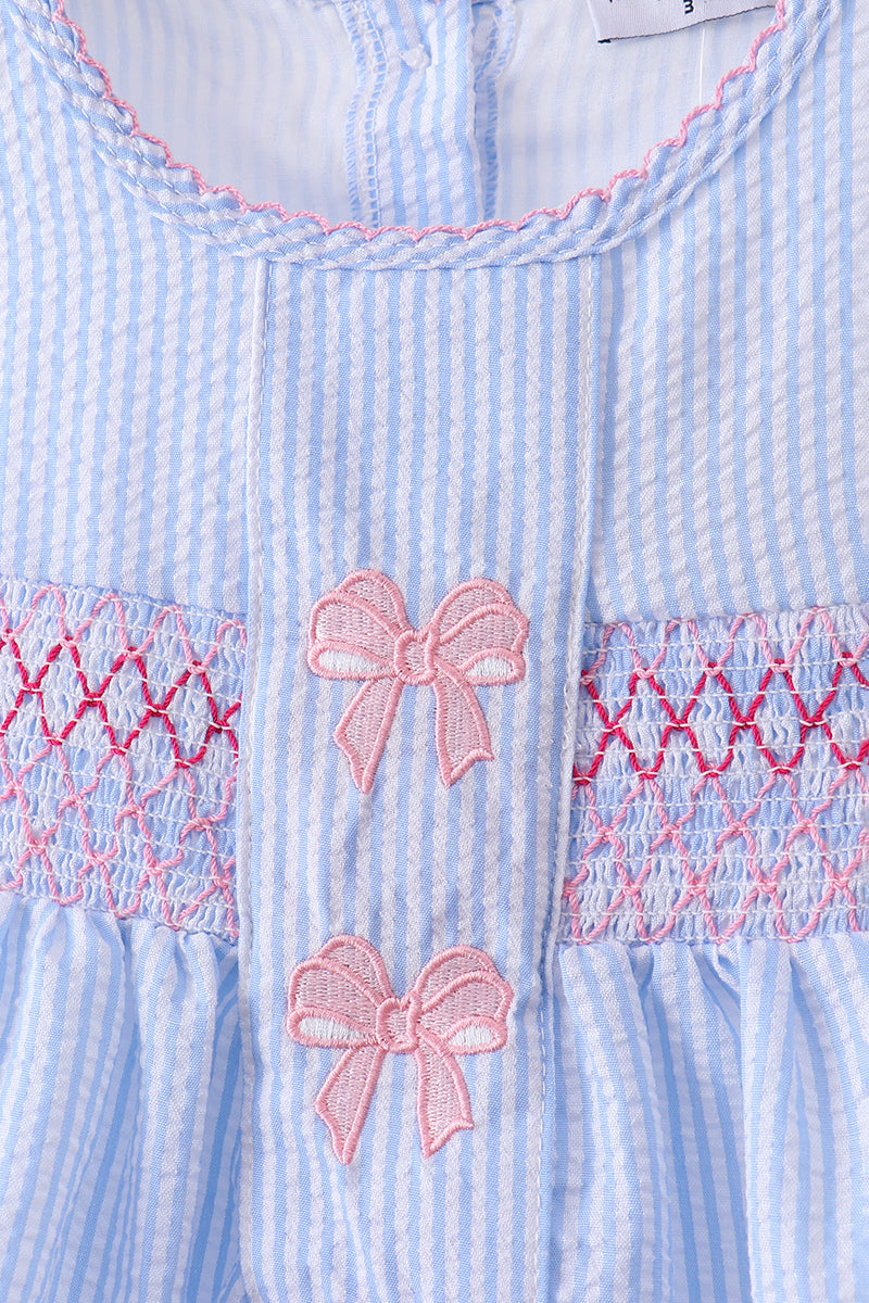 Blue Seersucker Bow Smocked Bloomer Set