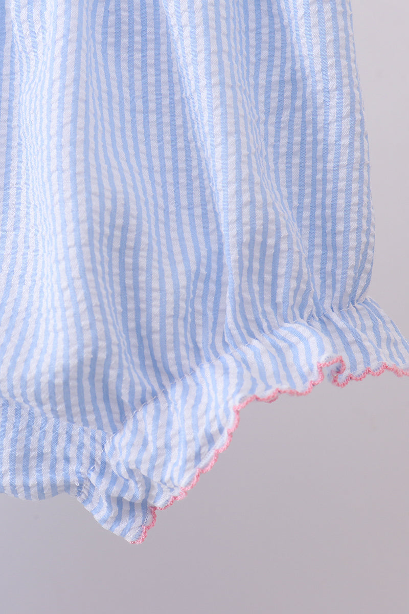 Blue Seersucker Bow Smocked Bloomer Set