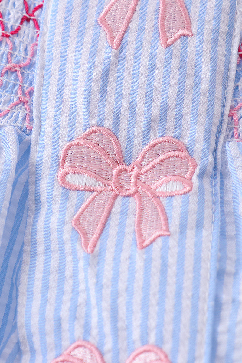 Blue Seersucker Bow Smocked Bloomer Set