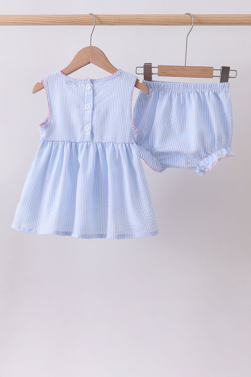 Blue Seersucker Bow Smocked Bloomer Set