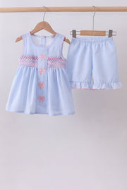 Blue Seersucker Bow Smocked Ruffle Shorts Set