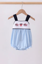 Blue Character Embroidery Gingham Bubble