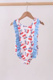 Blue Cherry Print Ruffle Swimsuit
