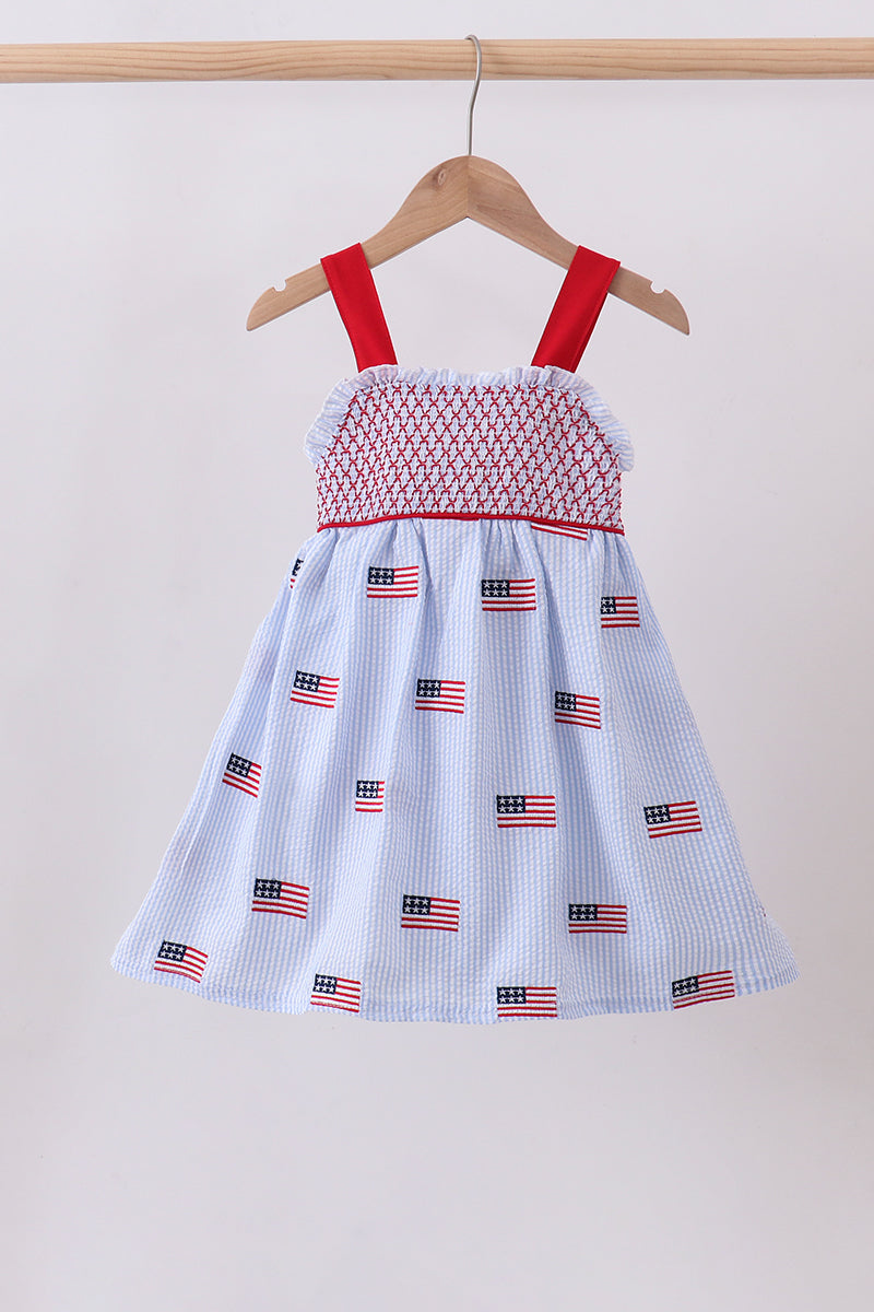 Blue Flag Embroidery Seersucker Ruffle Dress