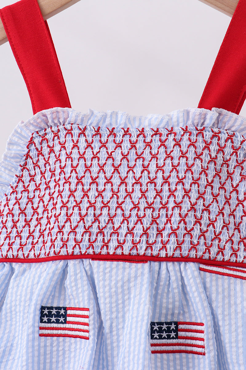 Blue Flag Embroidery Seersucker Ruffle Dress