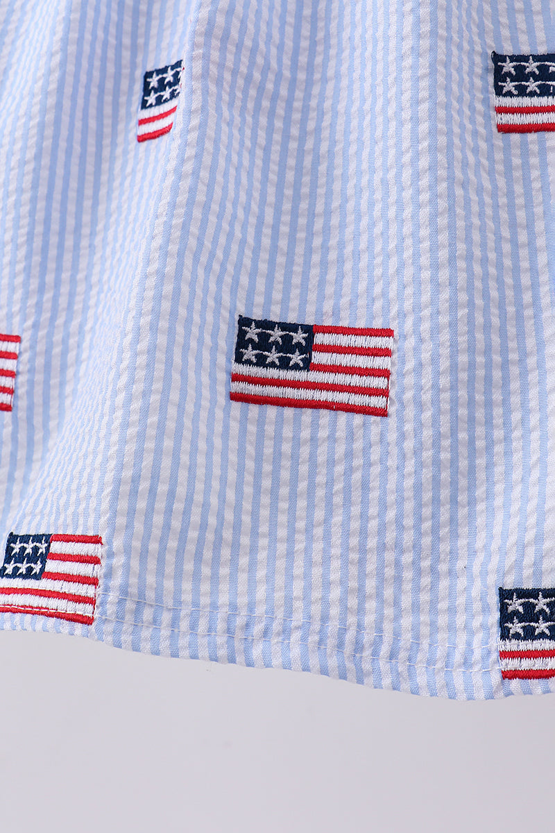 Blue Flag Embroidery Seersucker Ruffle Dress